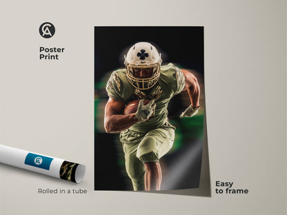 Poster Print of an American Football player in action. The modern sports artwork is easy to frame. This olive green and gold wall art is a great gift for sports fans and looks great in any office.