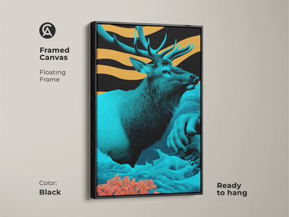 This framed canvas features a stylized elk in teal and orange tones. The wildlife animal artwork adds a touch of eclectic style to any space. It's ready to hang featuring a floating frame. The nature inspired elk art makes a thoughtful housewarming gift for wildlife enthusiasts.