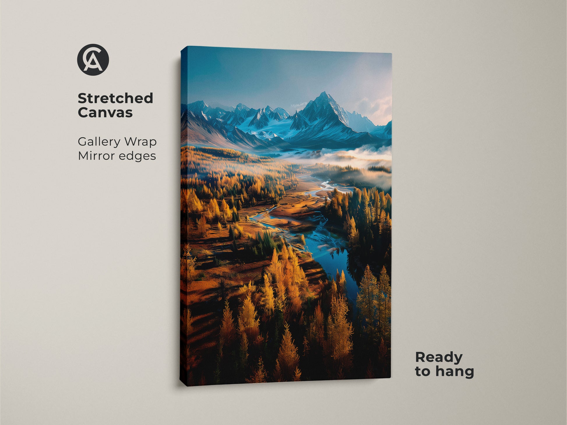 Stretched canvas mountain landscape art. The gallery wrap features mirror edges. The artwork shows golden trees and a river. Distant mountains with snow create a scenic view. Ready to hang this canvas art adds beauty to your home.
