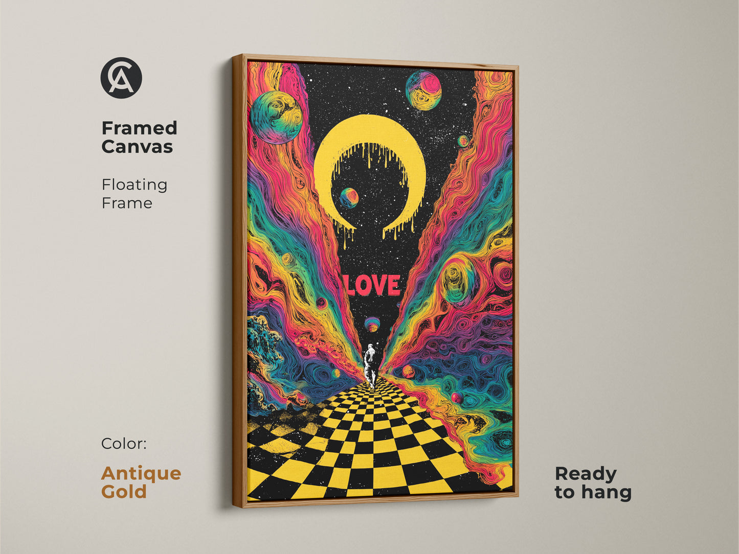 Framed in antique gold this canvas displays psychedelic astronaut artwork. The retro sci fi print has surreal space planets and a celestial crescent. The cosmic wall art is ready to hang. The floating frame enhances the colorful cosmic wall art.