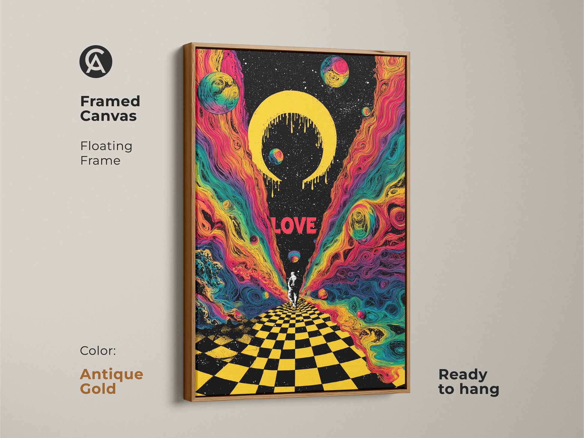 Framed in antique gold this canvas displays psychedelic astronaut artwork. The retro sci fi print has surreal space planets and a celestial crescent. The cosmic wall art is ready to hang. The floating frame enhances the colorful cosmic wall art.