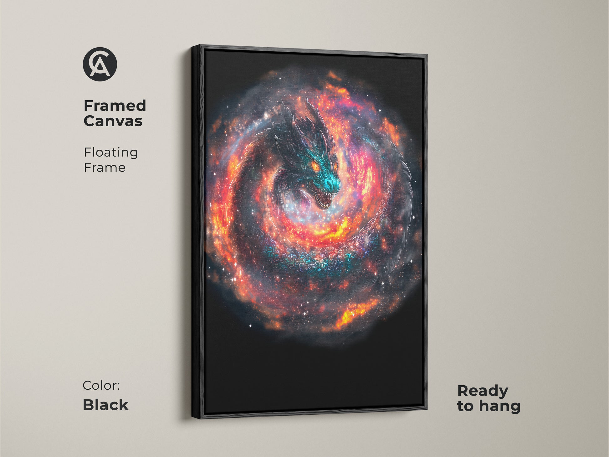 Framed canvas of a cosmic dragon. It features a floating frame in black. This fantasy dragon artwork is ready to hang. Perfect for adding a touch of sci-fi space art to your home. The artwork adds an eclectic touch.
