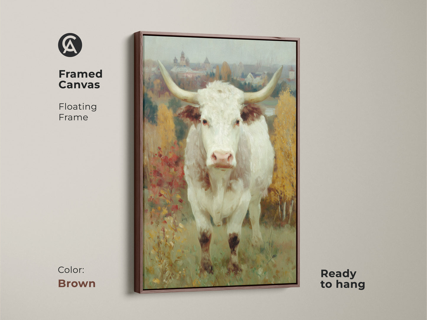 Add warmth to your walls with this brown framed canvas art. This ready to hang longhorn cow artwork brings a cozy touch to your home. The floating frame enhances the artwork creating a focal point in any room.