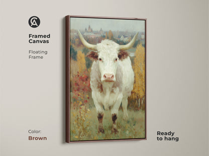 Add warmth to your walls with this brown framed canvas art. This ready to hang longhorn cow artwork brings a cozy touch to your home. The floating frame enhances the artwork creating a focal point in any room.