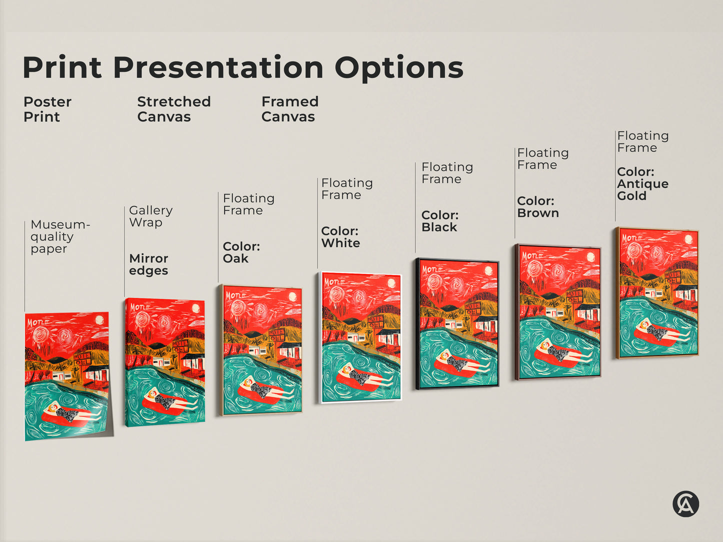 Explore our print presentation options. See poster prints stretched canvas and framed canvas art. Each featuring a woman relaxing in a pool near a motel in a retro style artwork.