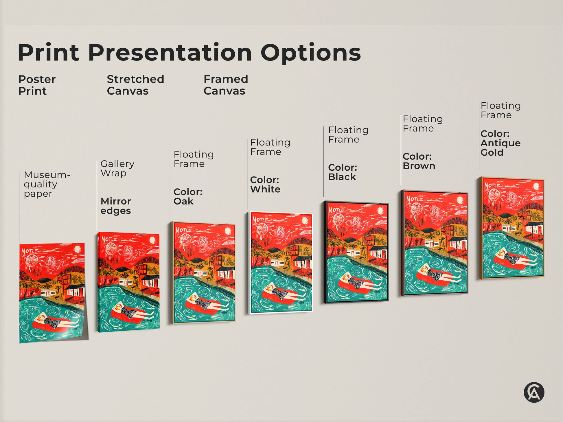 Explore our print presentation options. See poster prints stretched canvas and framed canvas art. Each featuring a woman relaxing in a pool near a motel in a retro style artwork.