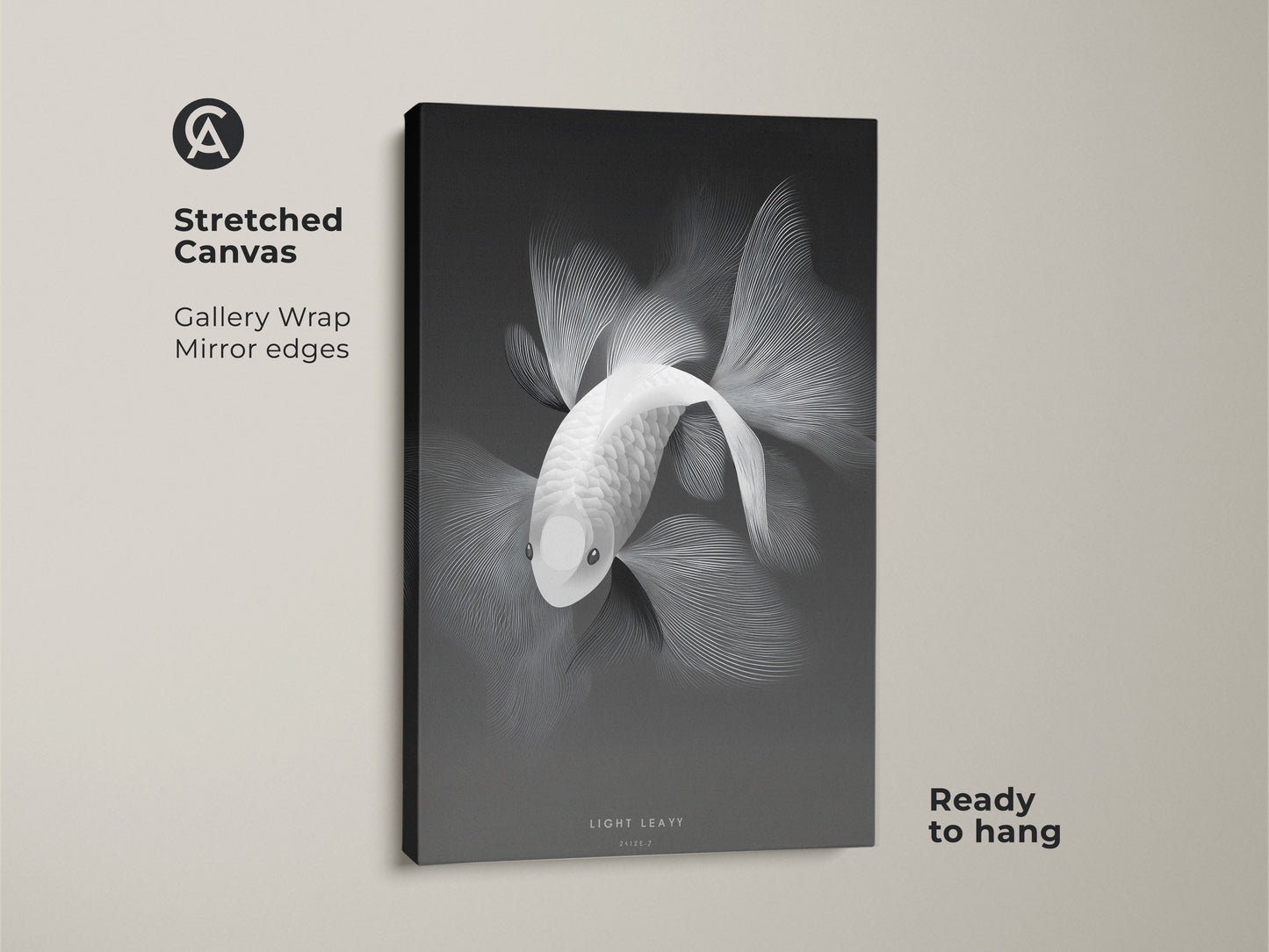 Stretched canvas art showcasing a monochrome fish. The gallery wrap with mirror edges offers a clean contemporary look. This canvas artwork is ready to hang. Perfect for adding a touch of aquatic art to any room. Shop now for stretched canvas prints.