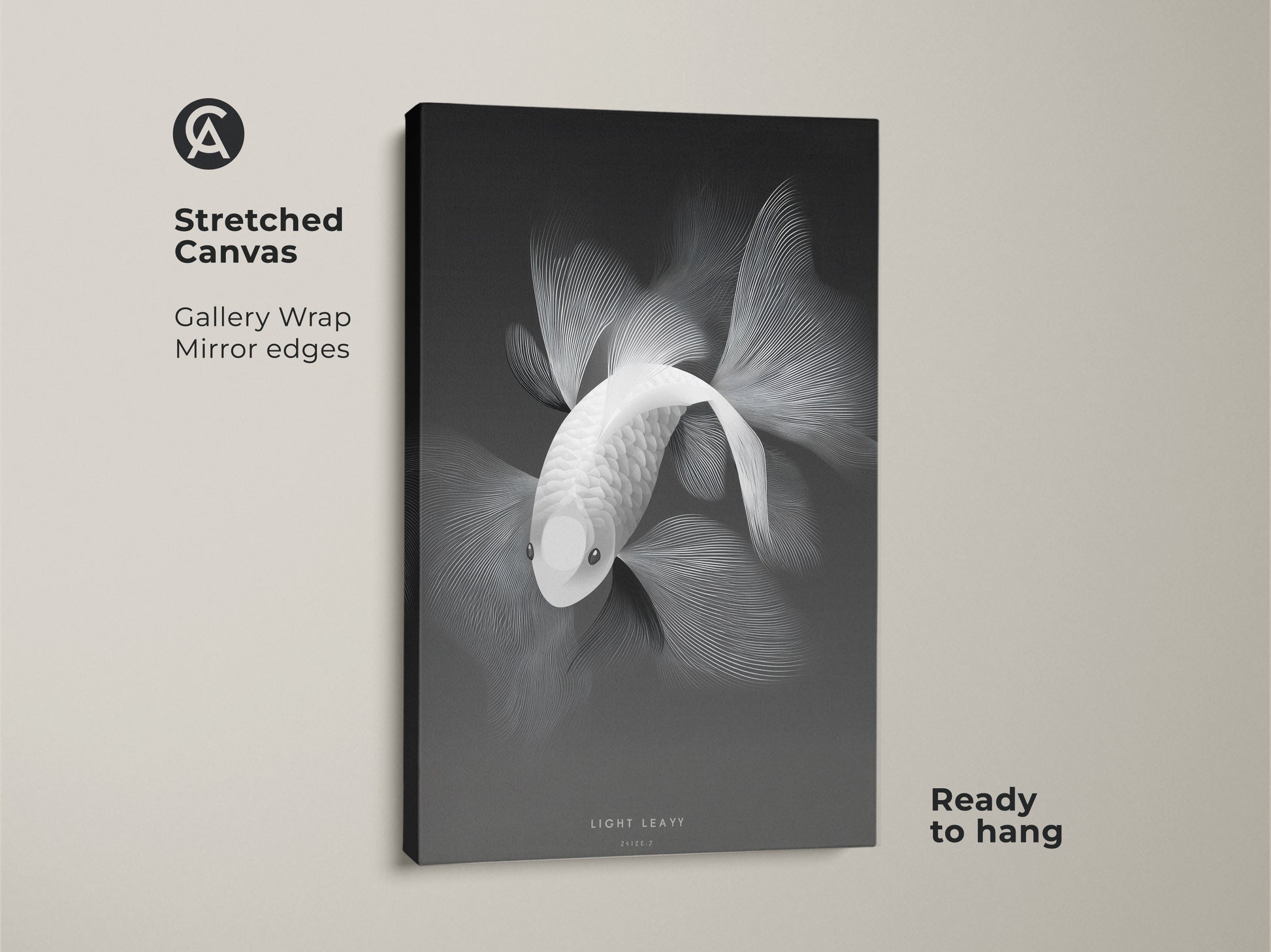 Stretched canvas art showcasing a monochrome fish. The gallery wrap with mirror edges offers a clean contemporary look. This canvas artwork is ready to hang. Perfect for adding a touch of aquatic art to any room. Shop now for stretched canvas prints.