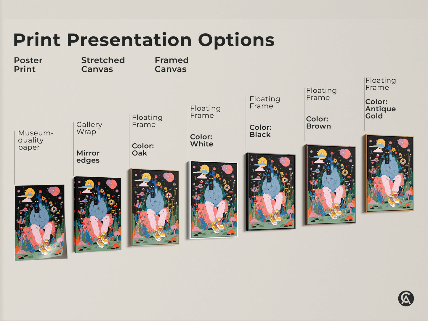 Explore print presentation options for museum-quality art. Choose from poster prints. Select stretched canvas or framed canvas. Find the perfect style to showcase this unique artwork.