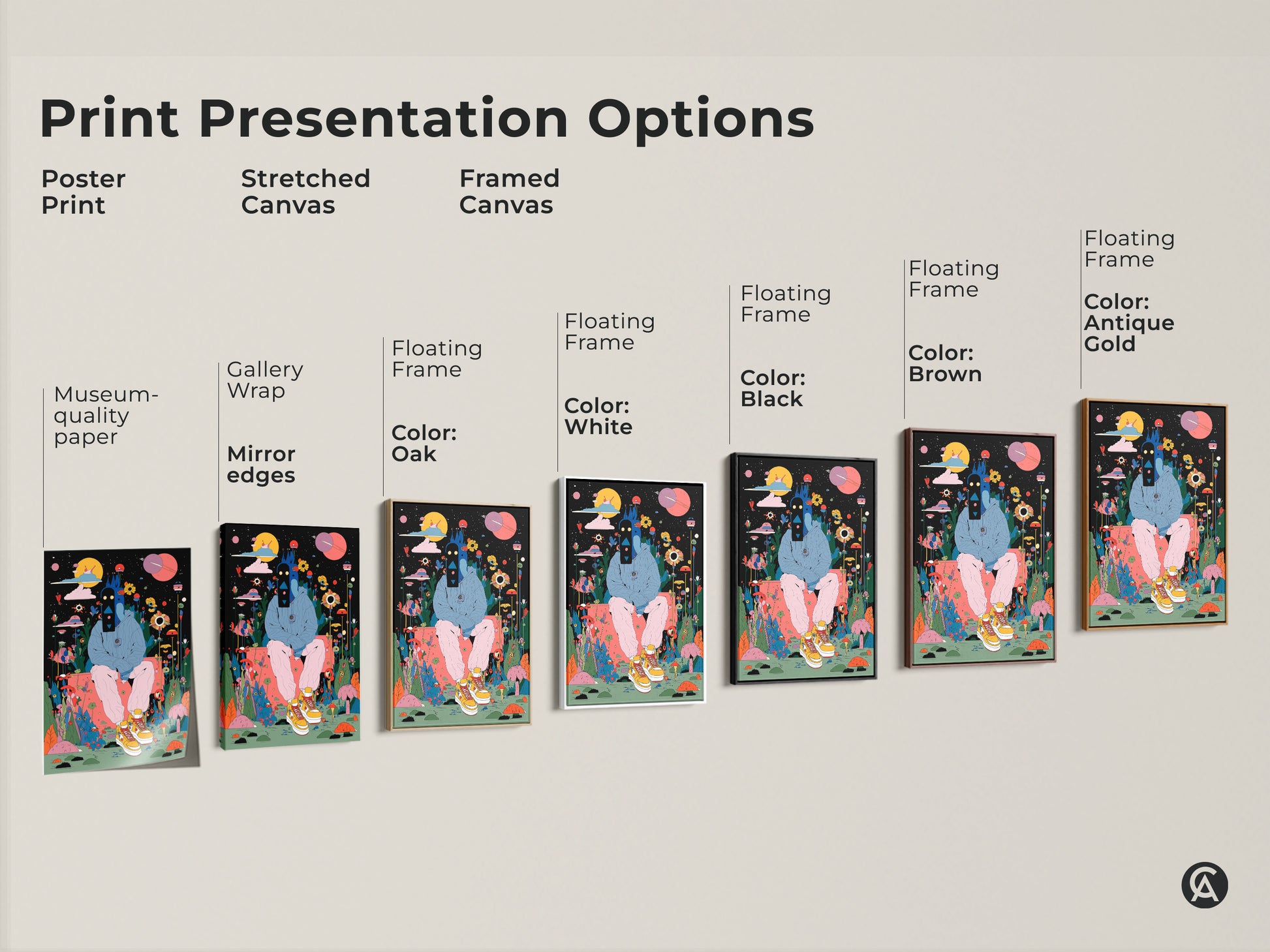 Explore print presentation options for museum-quality art. Choose from poster prints. Select stretched canvas or framed canvas. Find the perfect style to showcase this unique artwork.