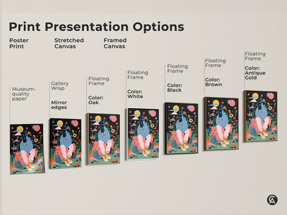 Explore print presentation options for museum-quality art. Choose from poster prints. Select stretched canvas or framed canvas. Find the perfect style to showcase this unique artwork.
