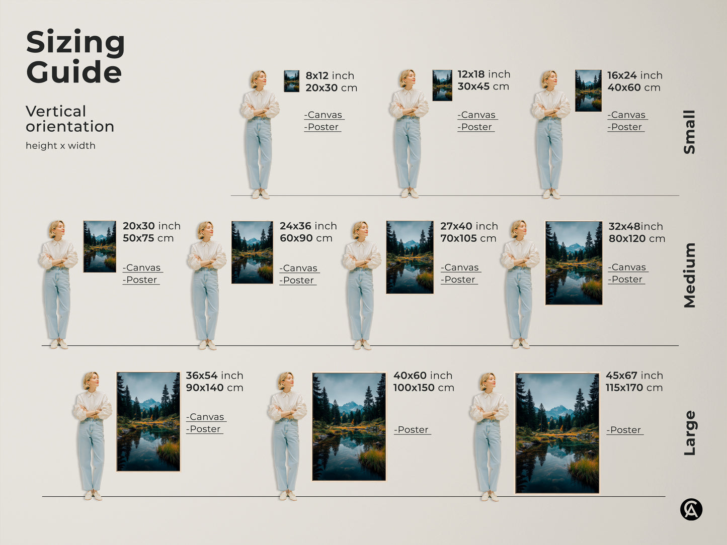 Sizing guide for mountain lake artwork. Vertical orientation available in small medium and large. Find the perfect fit for your wall. Choose from canvas or poster prints. Shop now to enhance your space.