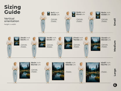 Sizing guide for mountain lake artwork. Vertical orientation available in small medium and large. Find the perfect fit for your wall. Choose from canvas or poster prints. Shop now to enhance your space.