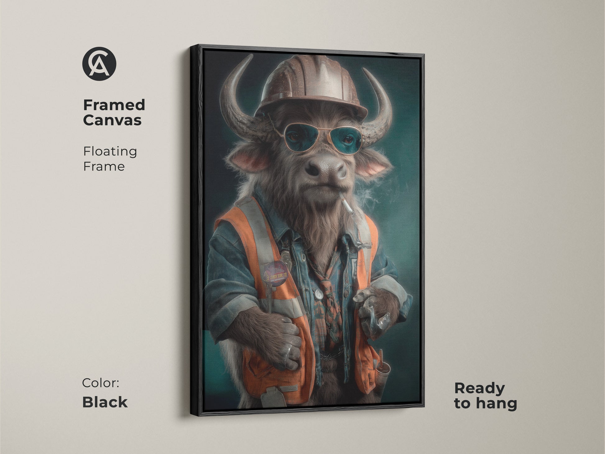 A framed canvas presents a surrealist buffalo construction worker. It features a floating frame in black and is ready to hang. This funny office wall art adds eclectic charm to any room. The artisan digital painting has teal orange brown accents. The animal-themed artwork will add workplace personality to any space.