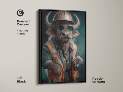 A framed canvas presents a surrealist buffalo construction worker. It features a floating frame in black and is ready to hang. This funny office wall art adds eclectic charm to any room. The artisan digital painting has teal orange brown accents. The animal-themed artwork will add workplace personality to any space.