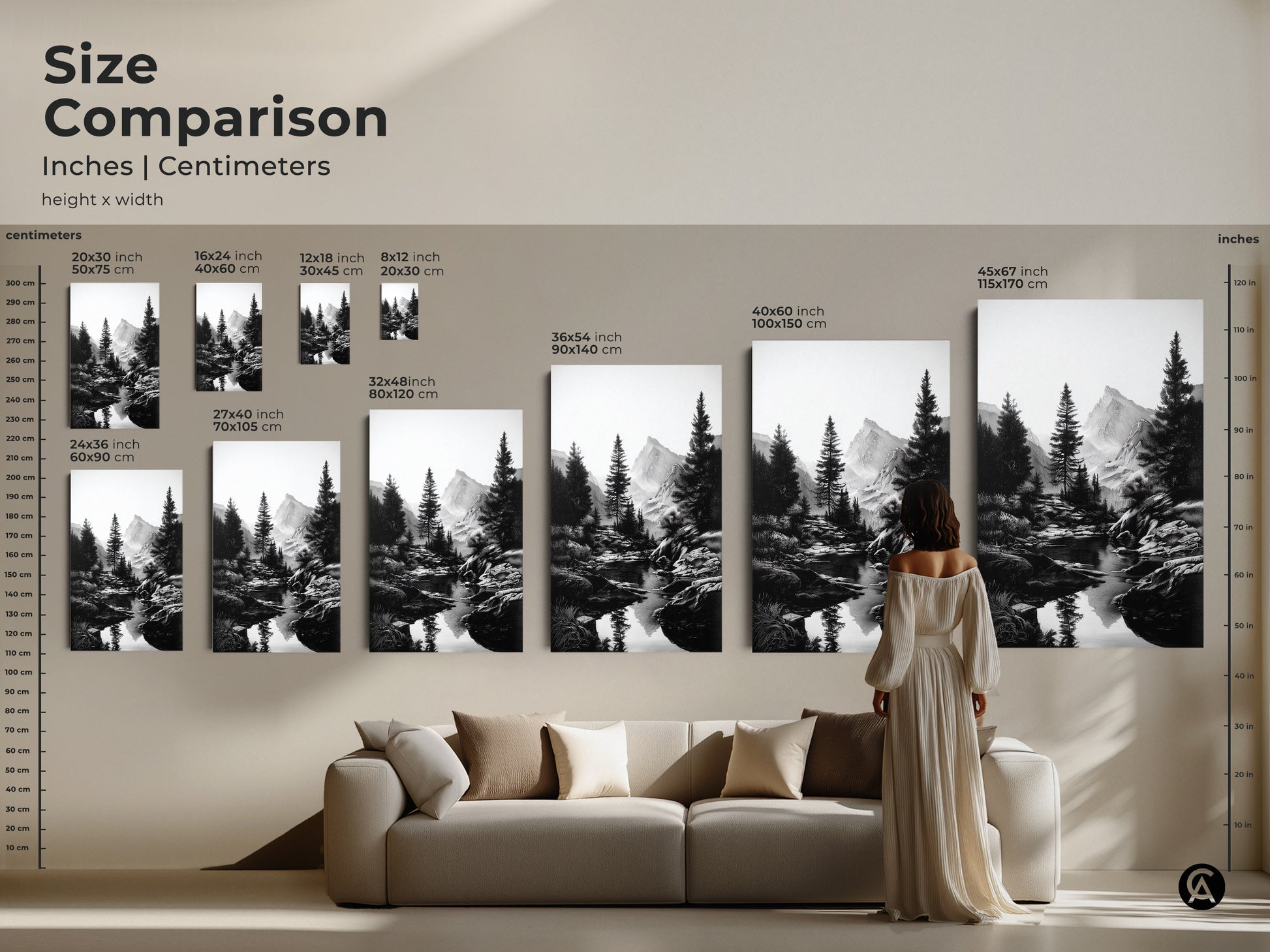 Size comparison of the black and white mountain river art print. Showing different dimensions and scales in a living room setting. The rustic pine tree landscape is available as a canvas. This monochrome nature wall decor is a great gift for hikers
