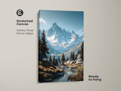 Stretched canvas mountain art. Gallery wrapped edges create a modern look. The majestic mountains tower over a clear river. Evergreen trees add depth to the scene in the canvas print. Ready to hang and enjoy. Add natural beauty to your home.