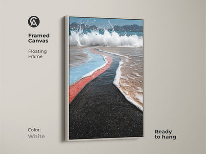 White framed canvas showcasing abstract coastal artwork. The floating frame highlights the beach landscape print. The teal and coral blue artwork adds a modern touch. Ocean wave painting to enhance any space is ready to hang.