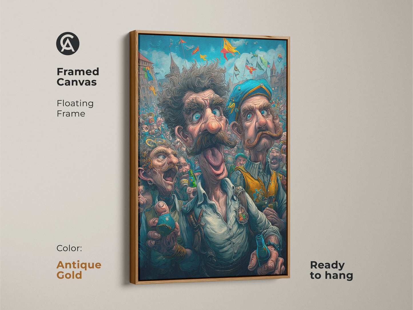 Framed canvas artwork with an antique gold floating frame. The art shows a vibrant festival scene with expressive characters. Three men with unique features are highlighted in the artwork. Ready to hang it brings a touch of elegance to your home.