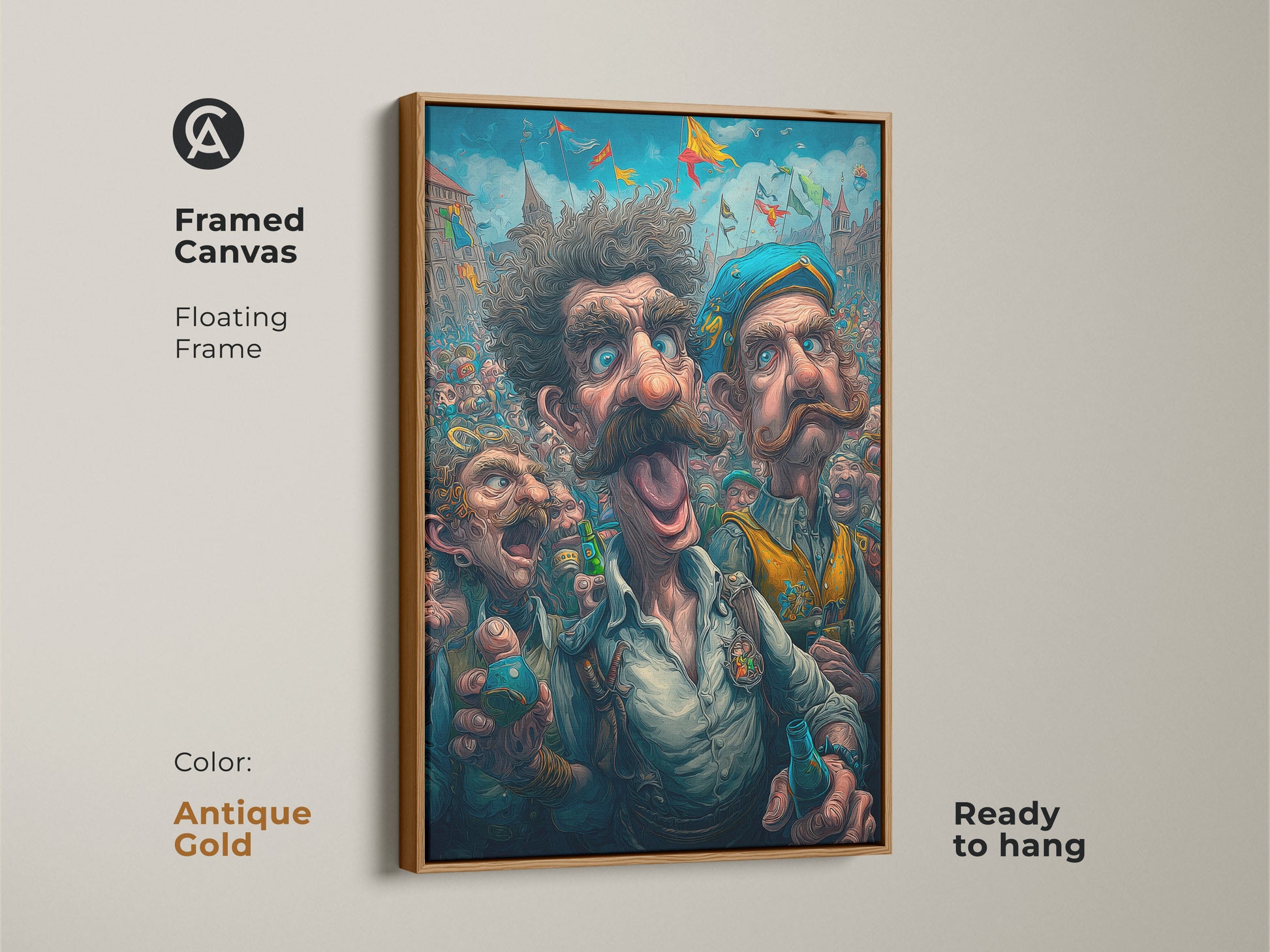 Framed canvas artwork with an antique gold floating frame. The art shows a vibrant festival scene with expressive characters. Three men with unique features are highlighted in the artwork. Ready to hang it brings a touch of elegance to your home.