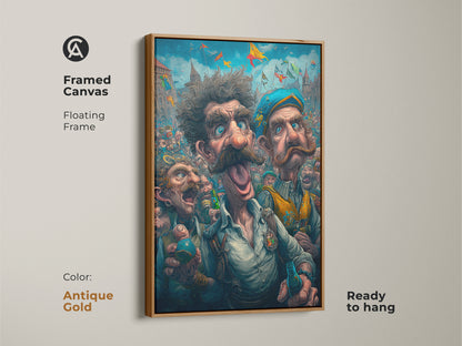 Framed canvas artwork with an antique gold floating frame. The art shows a vibrant festival scene with expressive characters. Three men with unique features are highlighted in the artwork. Ready to hang it brings a touch of elegance to your home.