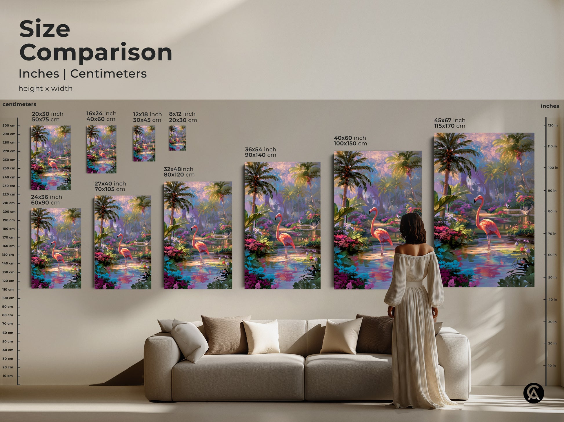 Size comparison of flamingo artwork in inches and centimeters. See how the art fits above a sofa. Available in various sizes. The tropical art enhances the living room. It adds a touch of nature and color.