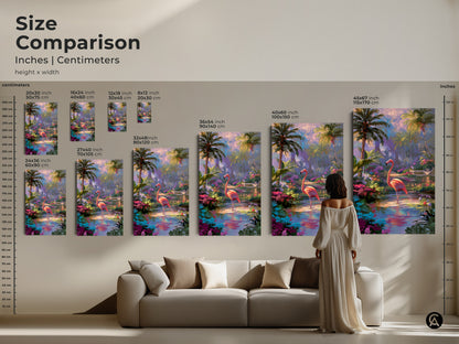 Size comparison of flamingo artwork in inches and centimeters. See how the art fits above a sofa. Available in various sizes. The tropical art enhances the living room. It adds a touch of nature and color.