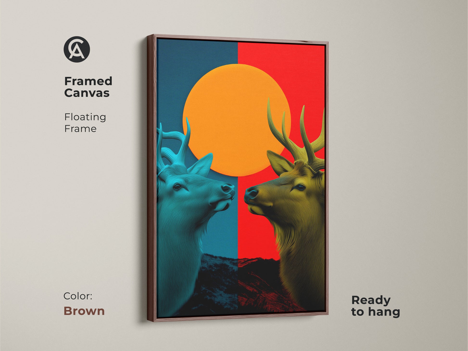 Framed canvas with a black floating frame showcasing Geometric Elk art. This abstract animal print is ready to hang. Red blue and orange canvas artwork adds texture to walls.