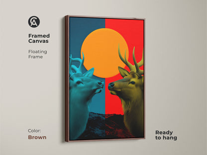 Framed canvas with a black floating frame showcasing Geometric Elk art. This abstract animal print is ready to hang. Red blue and orange canvas artwork adds texture to walls.