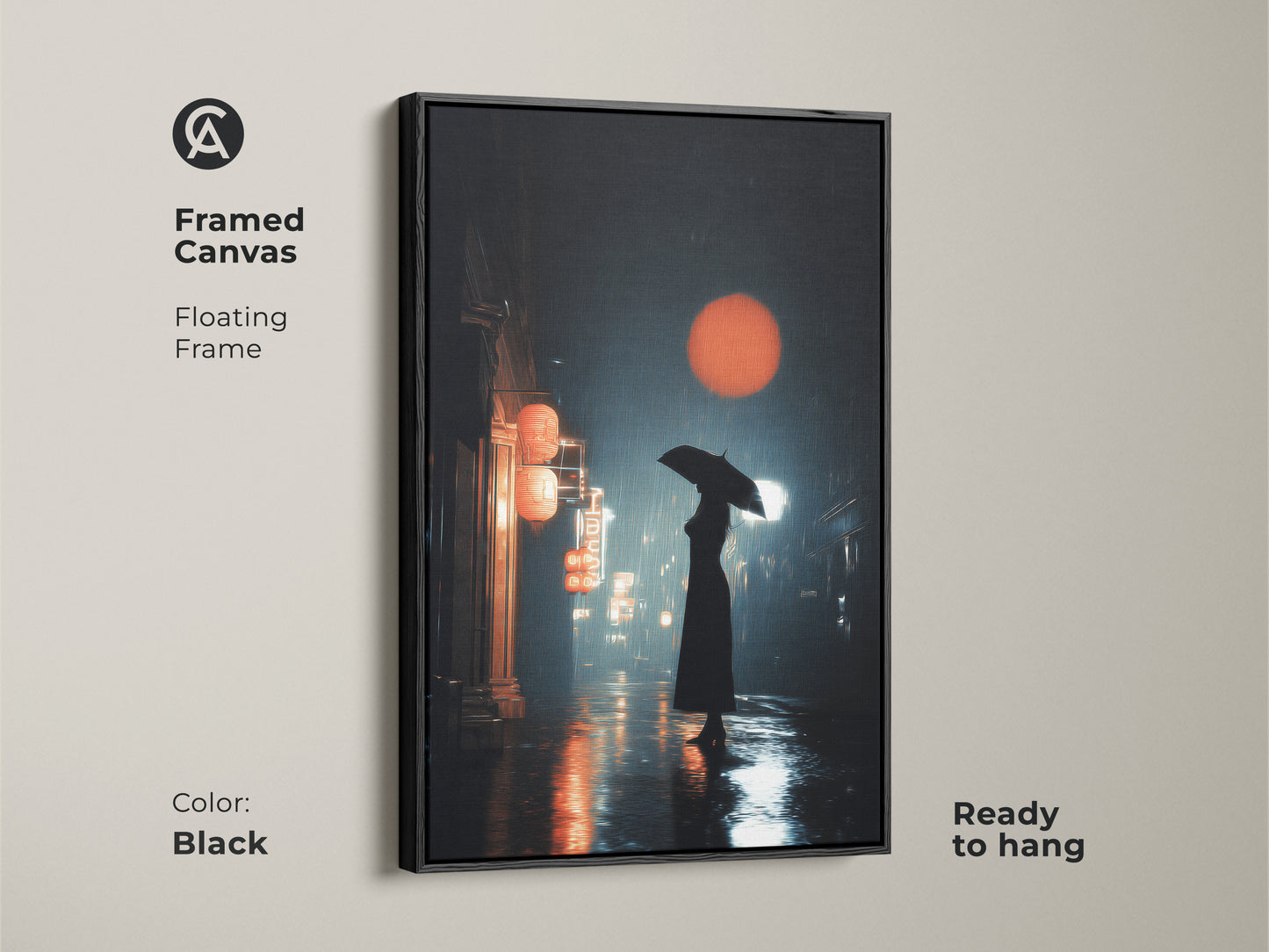 Black framed canvas art features a cinematic urban cityscape. A woman with an umbrella walks on a rainy night street. Red lanterns and orange sun art give travel decor. Housewarming gift idea.