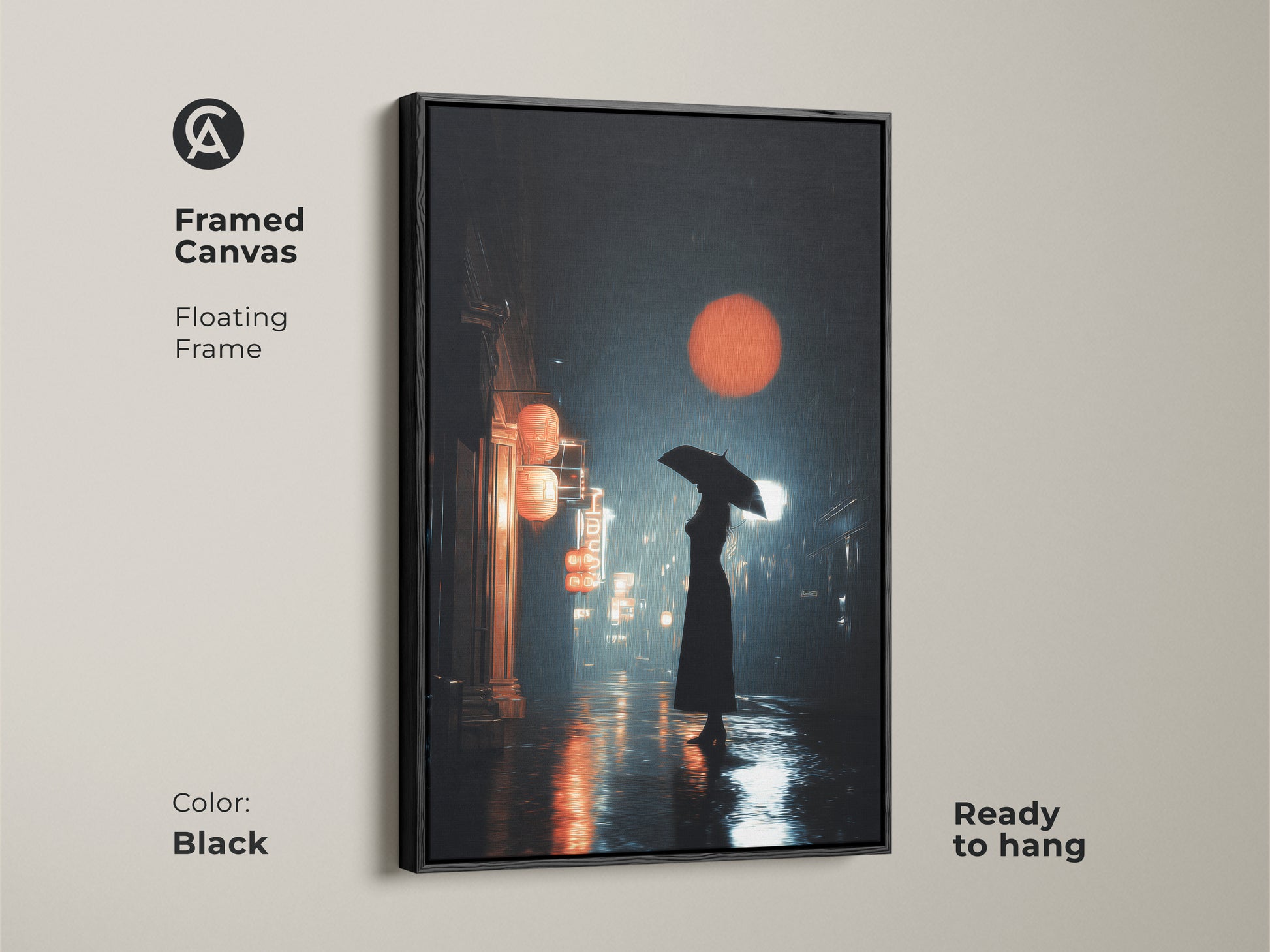 Black framed canvas art features a cinematic urban cityscape. A woman with an umbrella walks on a rainy night street. Red lanterns and orange sun art give travel decor. Housewarming gift idea.