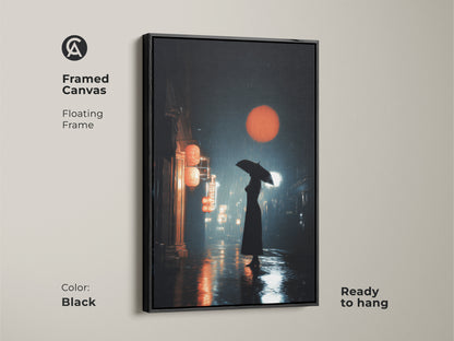 Black framed canvas art features a cinematic urban cityscape. A woman with an umbrella walks on a rainy night street. Red lanterns and orange sun art give travel decor. Housewarming gift idea.