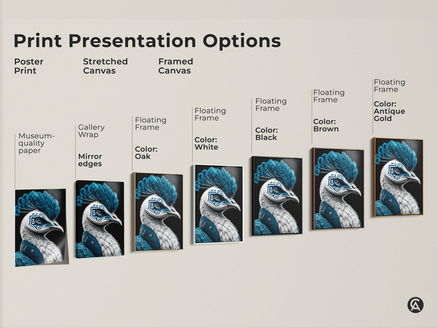 Explore print presentation options. See the peacock mask artwork as a poster print a stretched canvas and framed canvas. Choose black brown oak antique gold or white frames.