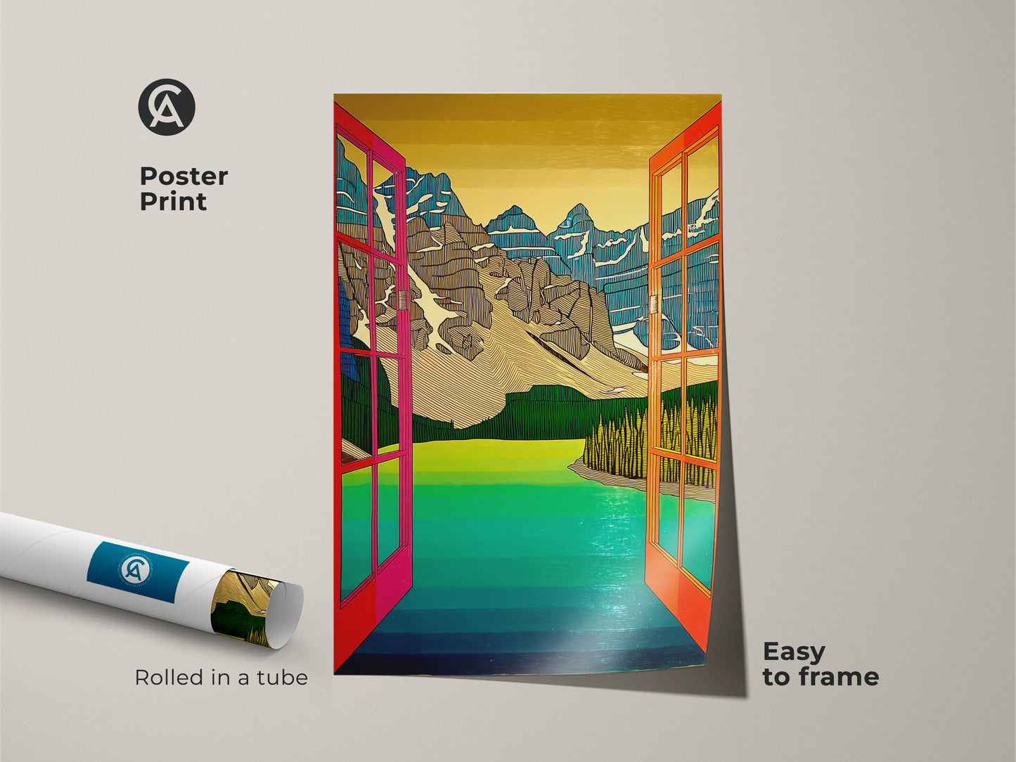 The abstract mountain lake art is available as an easy-to-frame poster print. Showcase the colorful nature view in your space. A vibrant addition to any nature lover's collection.