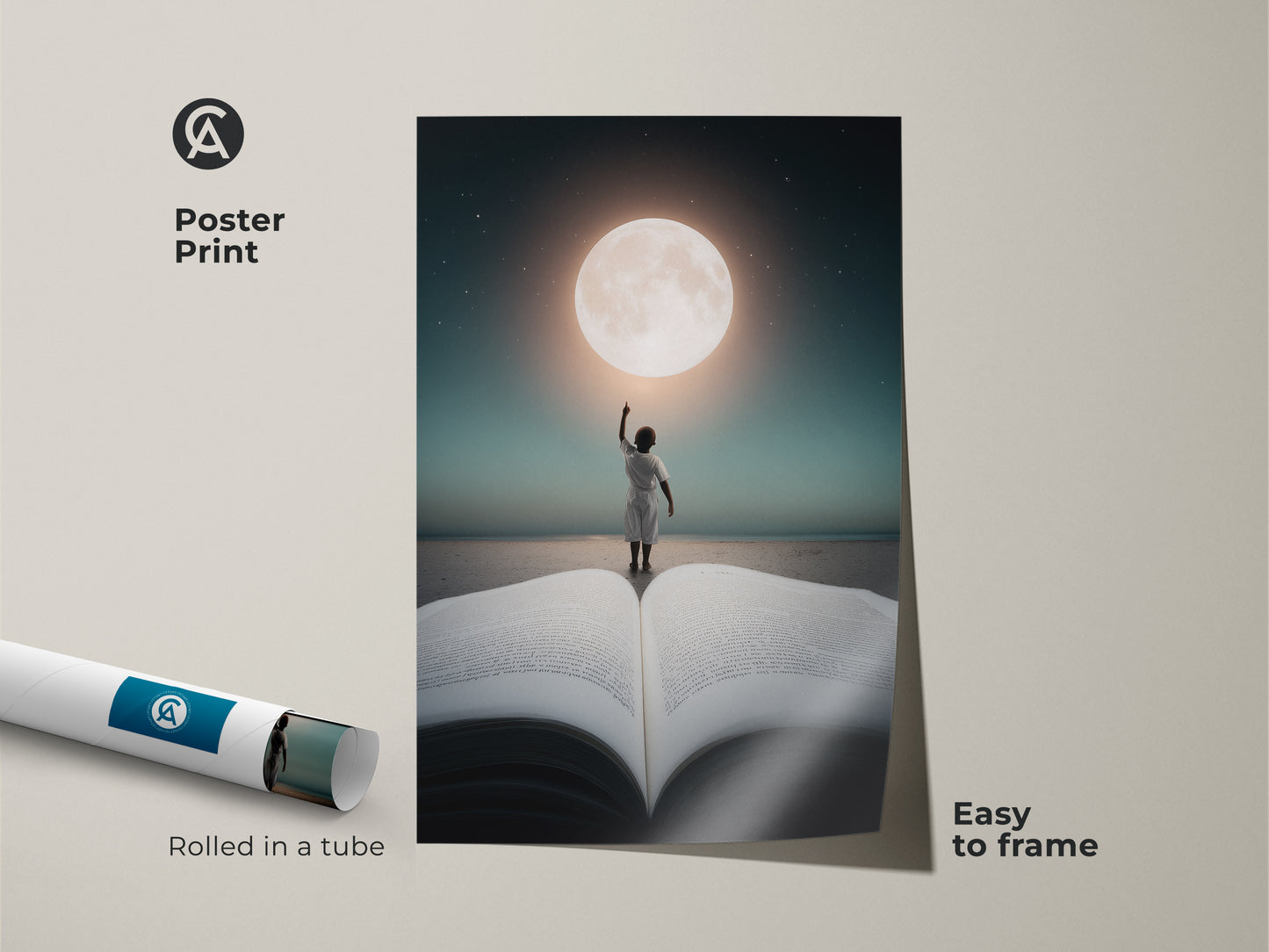 The poster print features a surreal child moon art. Rolled in a tube it's easy to frame and adds a dreamy fantasy to any room. This deep blue gold canvas art makes a unique gift for dreamers.