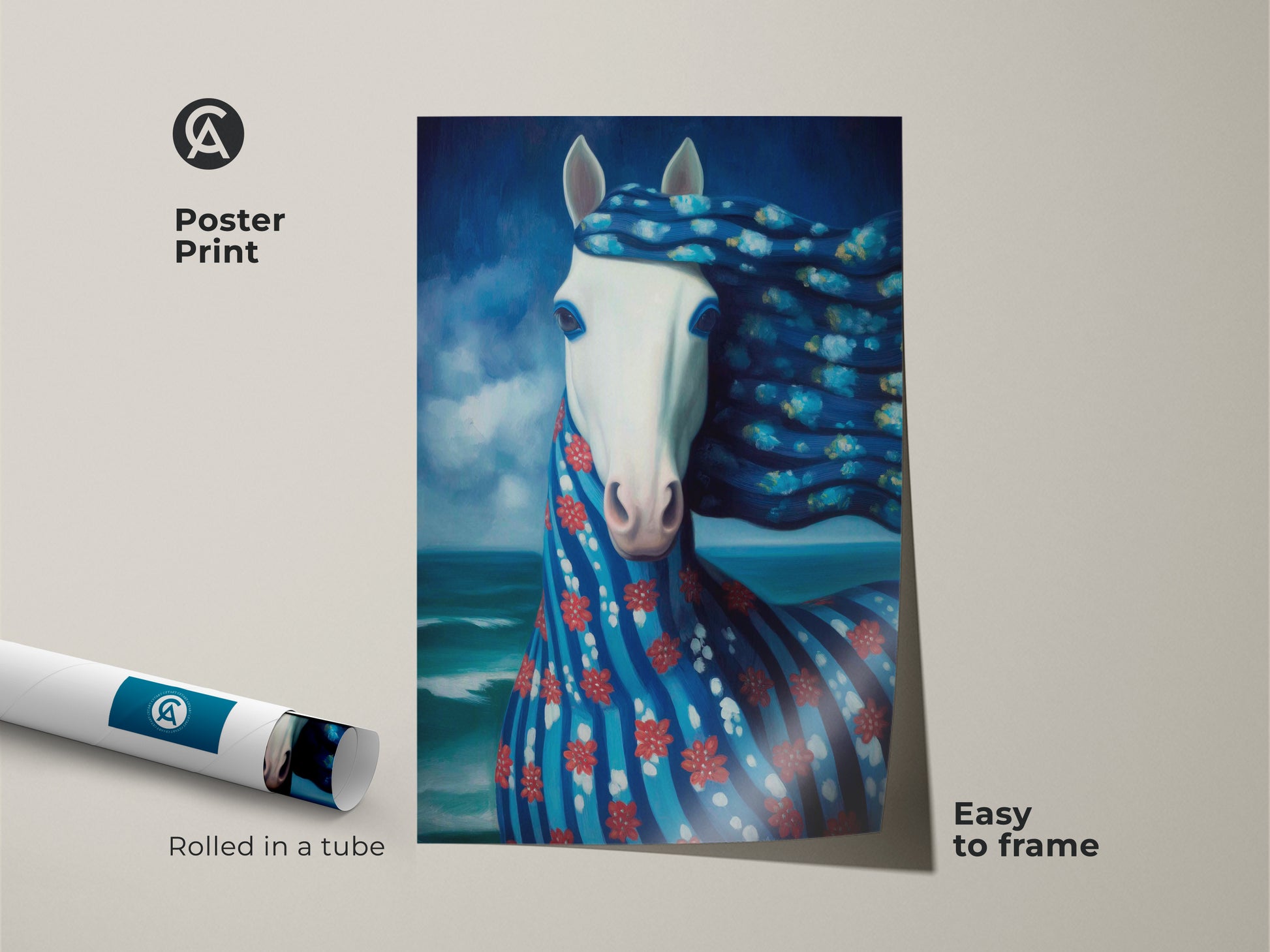 A rolled poster print of a surreal horse art is displayed with 'Easy to Frame' text. The deep blue animal artwork features a white horse with a blue floral pattern. This fantasy horse canvas print is perfect for horse enthusiasts.