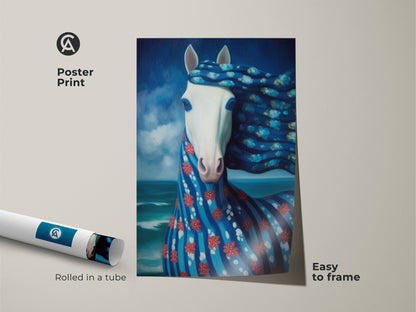 A rolled poster print of a surreal horse art is displayed with 'Easy to Frame' text. The deep blue animal artwork features a white horse with a blue floral pattern. This fantasy horse canvas print is perfect for horse enthusiasts.