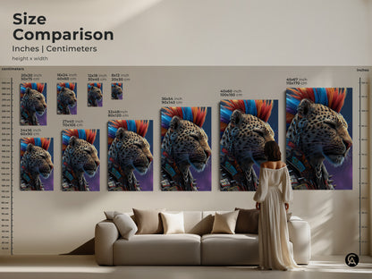 A size comparison shows leopard art's impact on room decor. See punk animal art in various sizes to enhance your space. Visualize canvas print options. These cyberpunk aesthetic prints provide eclectic vibes. Find sizes for rocker decor and unique animal wall art.