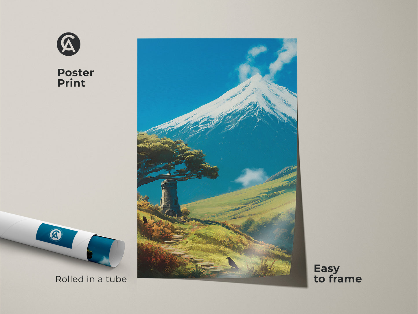 Rolled poster print of a scenic mountain lighthouse. Blue sky wall art offers easy framing for travel home decor. The nature travel artwork features a serene landscape. Contemporary art brings the outdoors inside. Perfect as a housewarming gift or for travel enthusiasts seeking adventure themed art.