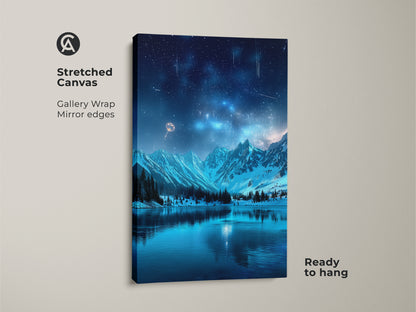 Stretched Canvas of a Sci-Fi Landscape Artwork. The fantasy landscape canvas art shows snowy mountains and a starry night sky. This celestial lake artwork is ready to hang. Gallery wrap with mirror edges makes it a unique sci-fi bedroom decor.