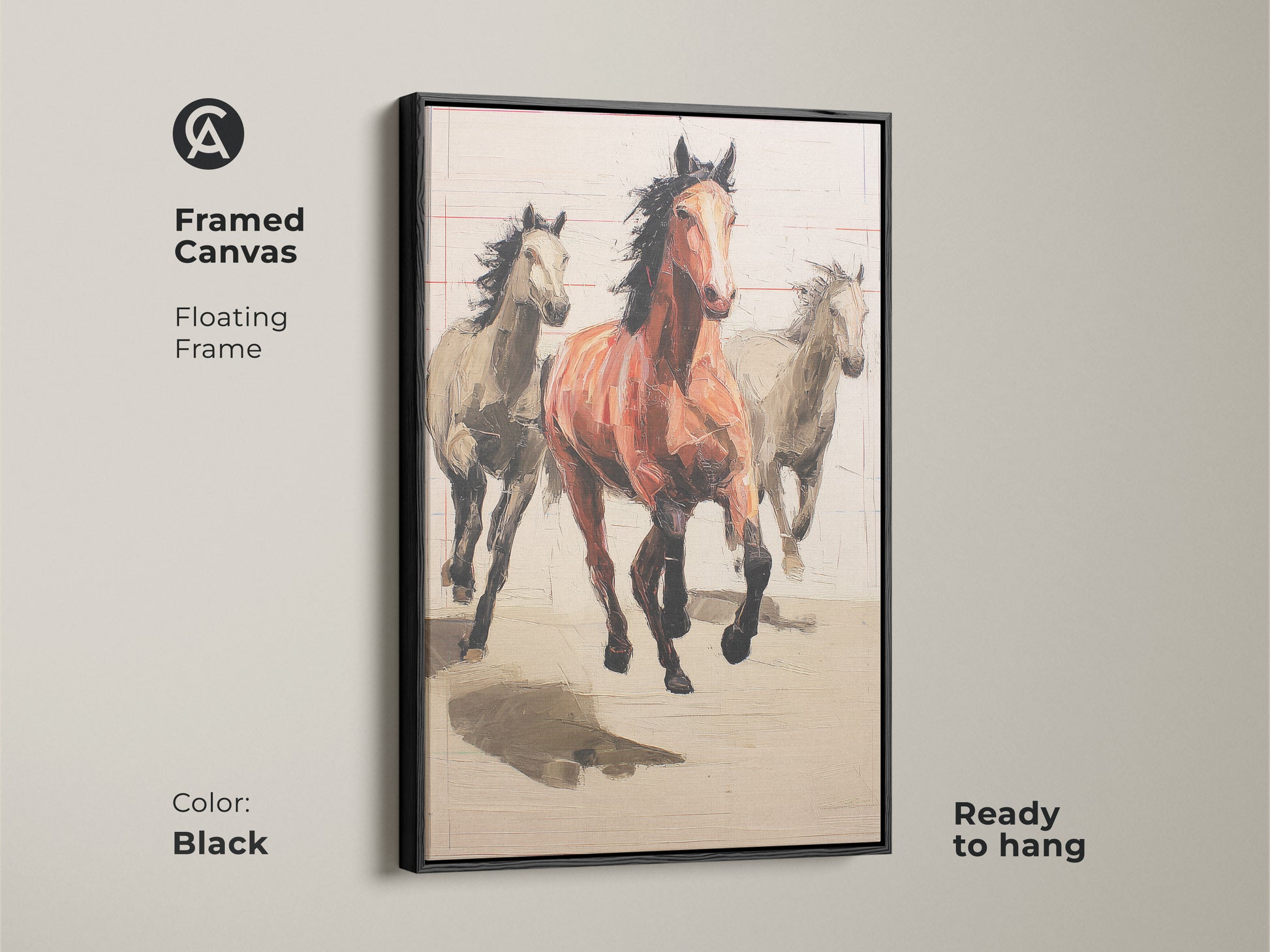 Framed canvas featuring running horses in an expressionist style. Black floating frame enhances this terracotta equestrian gift. Ready to hang bold brushstroke artwork for wall decor.
