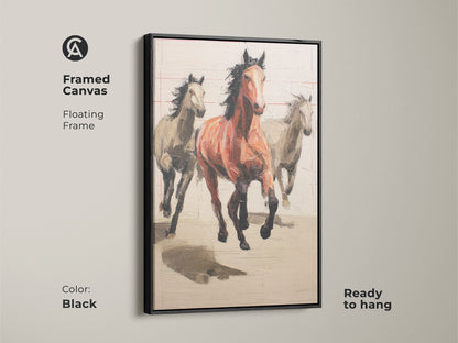Framed canvas featuring running horses in an expressionist style. Black floating frame enhances this terracotta equestrian gift. Ready to hang bold brushstroke artwork for wall decor.