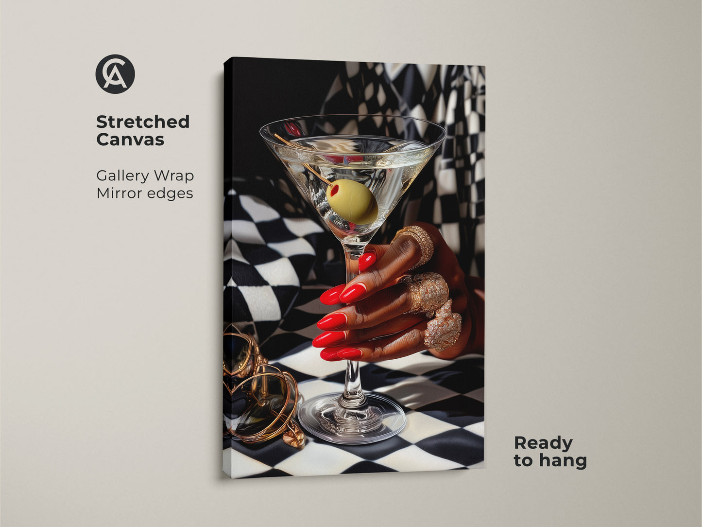 Stretched canvas of glamorous martini art print with gold jewelry. Art deco cocktail artwork featuring red nails and gold rings. Contemporary bar decor with a chic black and white checkered background. Ready to hang gallery wrap. Ideal gift for cocktail lovers adding sophisticated style to a luxury home bar.