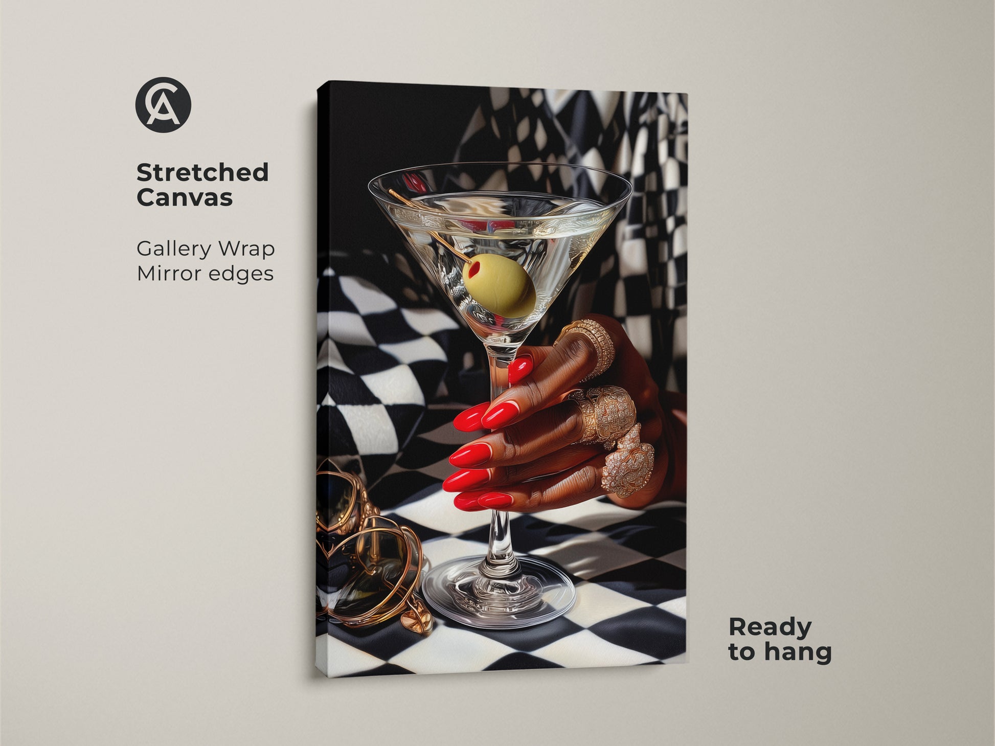 Stretched canvas of glamorous martini art print with gold jewelry. Art deco cocktail artwork featuring red nails and gold rings. Contemporary bar decor with a chic black and white checkered background. Ready to hang gallery wrap. Ideal gift for cocktail lovers adding sophisticated style to a luxury home bar.