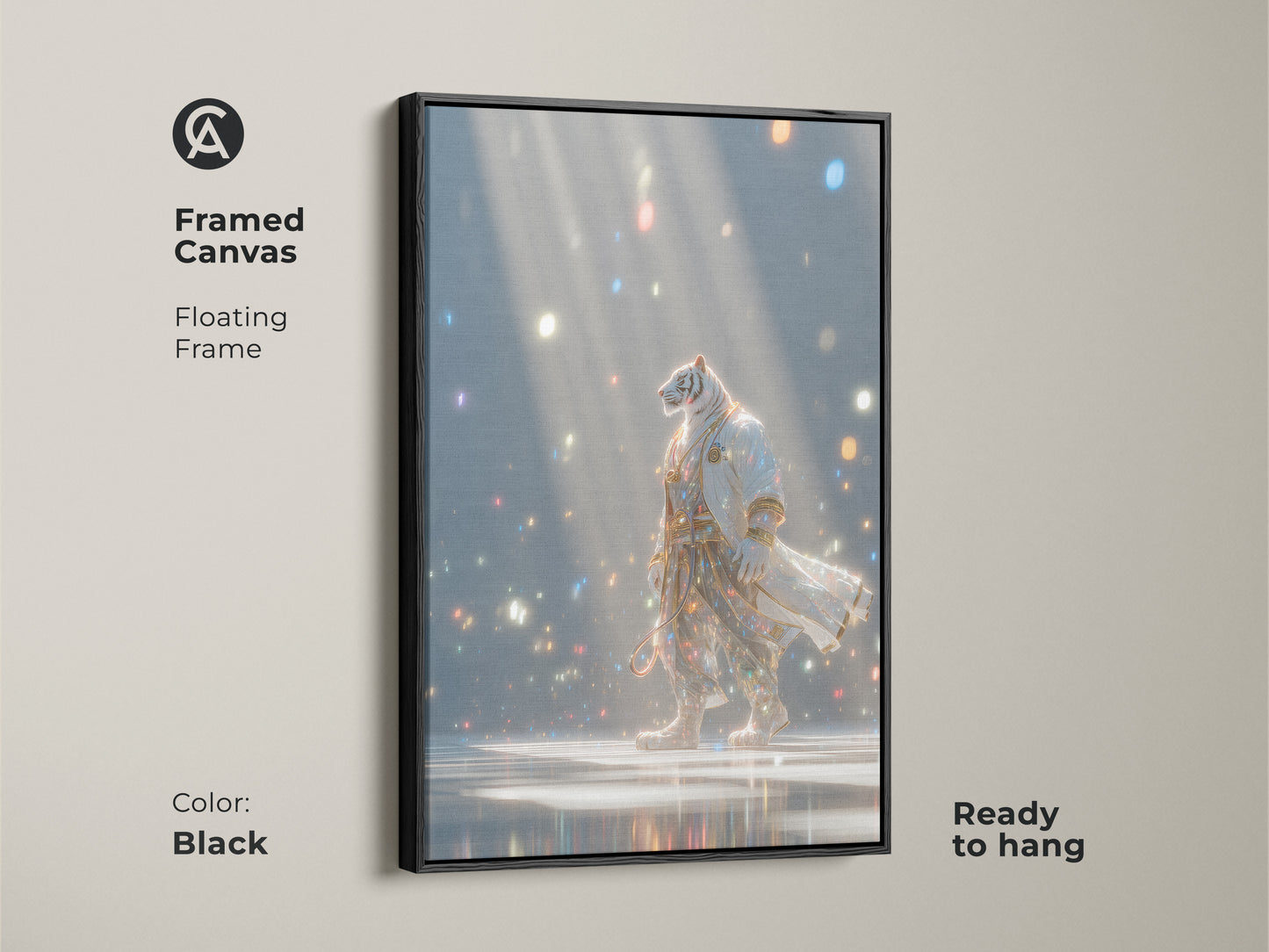 A framed canvas featuring a tiger in a robe. The floating frame is black and the art is ready to hang. The artwork shows a tiger walking in a room full of lights. This unique piece is a great addition to any home.