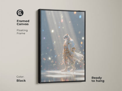 A framed canvas featuring a tiger in a robe. The floating frame is black and the art is ready to hang. The artwork shows a tiger walking in a room full of lights. This unique piece is a great addition to any home.