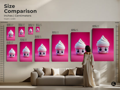Size comparison of kawaii ice cream cone art in inches and centimeters. See the artwork in sizes from 20x30 cm to 115x170 cm. A person and a sofa show scale. This art is perfect cheerful kitchen print.