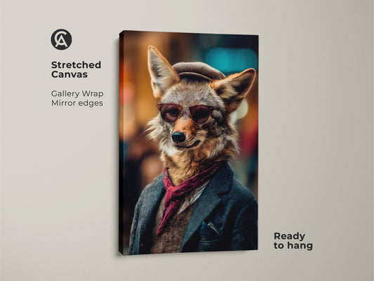 Close-up of a stretched canvas print featuring a dapper coyote. This vintage animal portrait showcases a coyote wearing glasses tweed jacket and a cap. Ready to hang it adds eclectic flair to any room. Gallery wrap with mirror edges enhances the artwork. Ideal for eclectic office decor art or as a quirky animal lover gift.