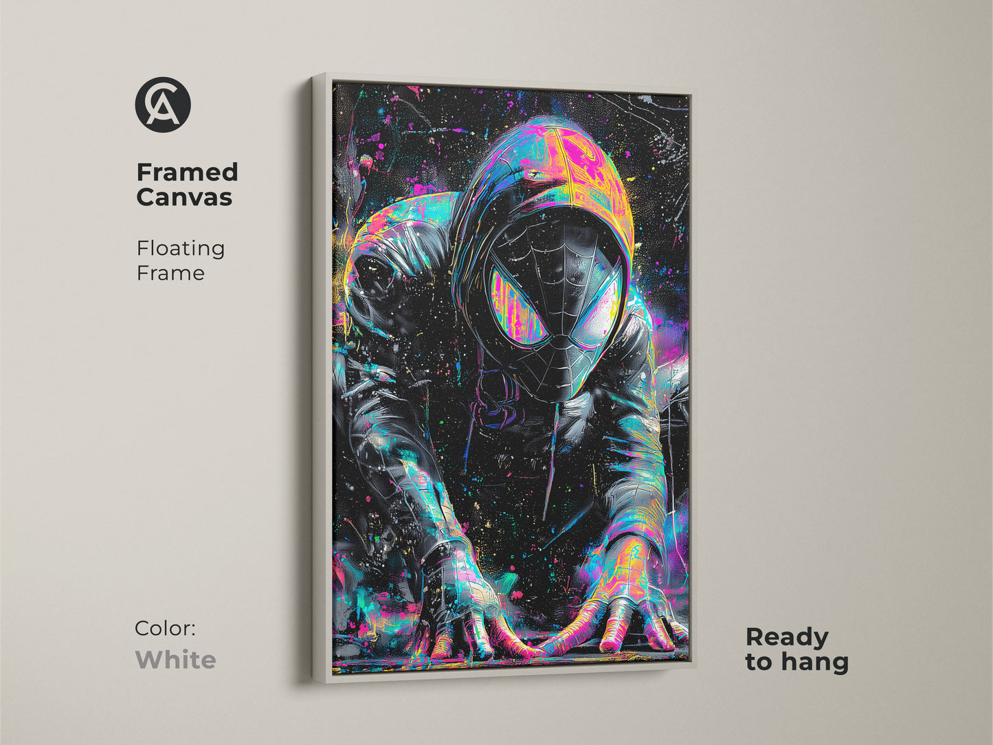 Framed canvas art of a comic book superhero. The floating frame is white and ready to hang. This colorful artwork is perfect for a kids room or home theater. The white frame adds a minimalist look to this wall art.