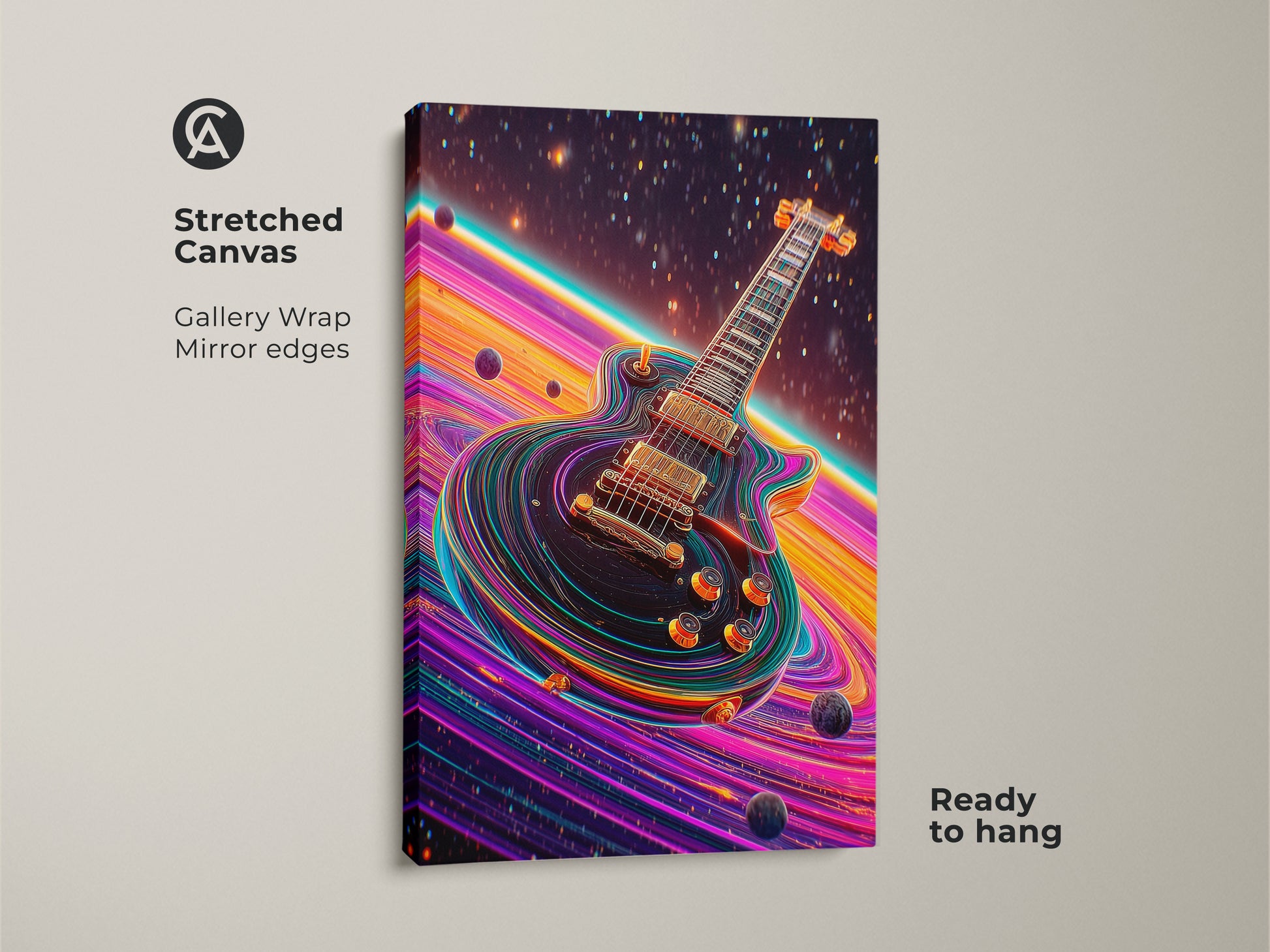 Stretched canvas print of abstract space guitar. Gallery wrapped with mirror edges it's ready to hang. A colorful music wall art combines cosmic planet with electric guitar. The vibrant artwork is a gift for music lovers.